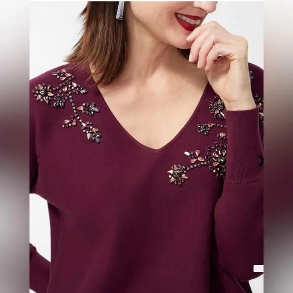 Chico’s Gem Neckline Pullover Sweater Size 4 US XXL V-Neck Color Deep Merlot - Picture 2 of 10